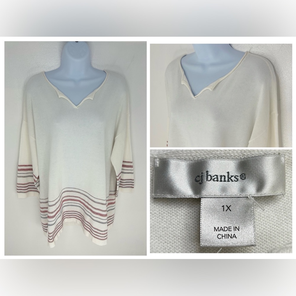 CJ Banks NWT 3/4 Sleeve Stitched Ivory Sweater Size 1X Career Office Stripes